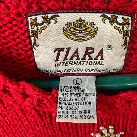 Tiara International Red Christmas Tree Vintage Sweater with Bows and Bea… - Picture 3 of 10